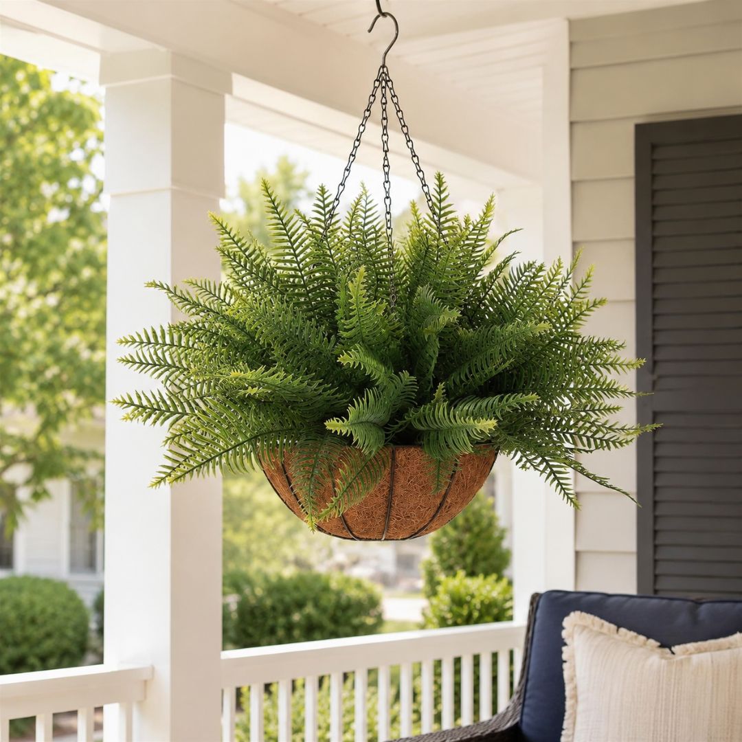 Lifelike Faux Boston Fern: UV-Resistant Hanging Basket