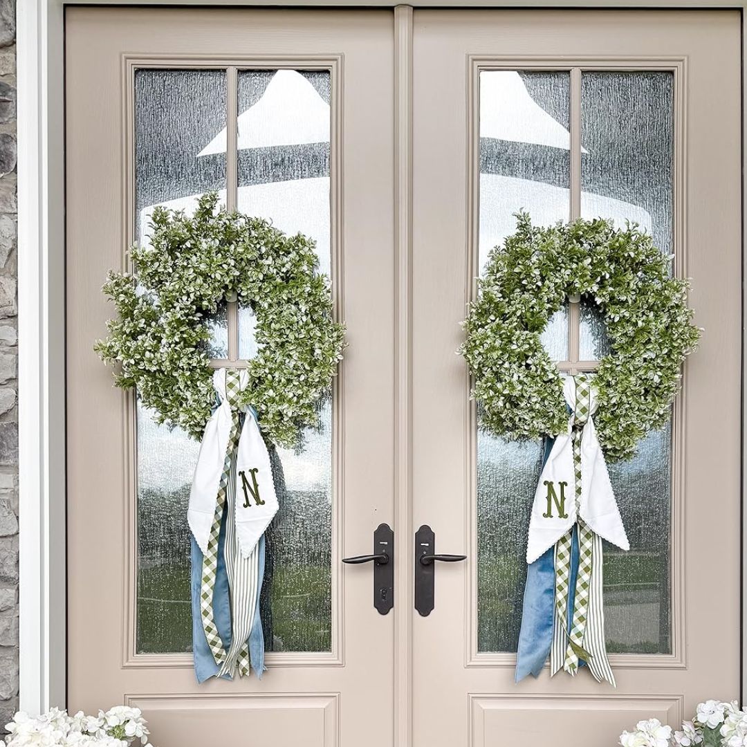 Faux Boxwood Door Wreath With Personalized Monogram Sash