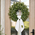 Faux Boxwood Door Wreath With Personalized Monogram Sash