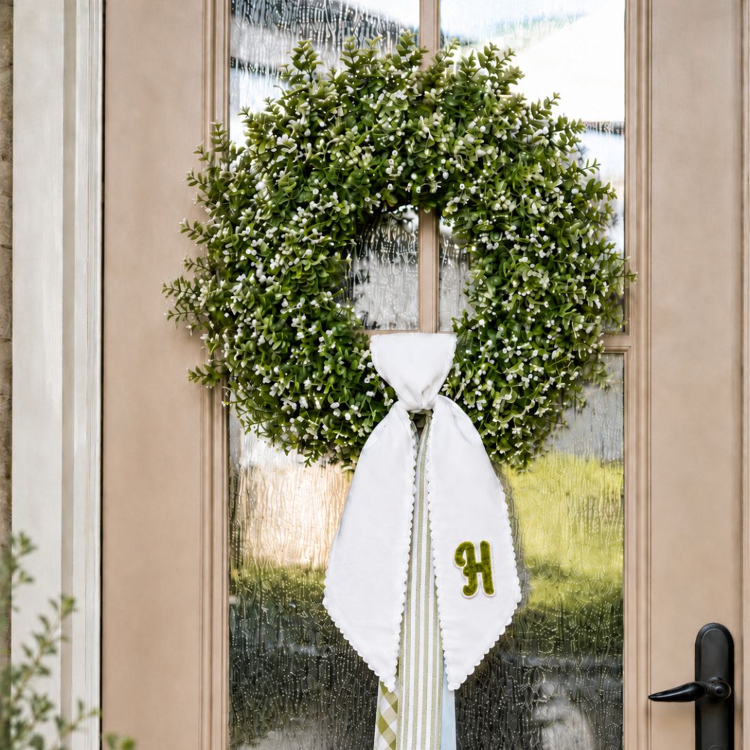 Faux Boxwood Door Wreath With Personalized Monogram Sash