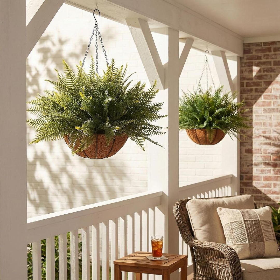 Lifelike Faux Boston Fern: UV-Resistant Hanging Basket