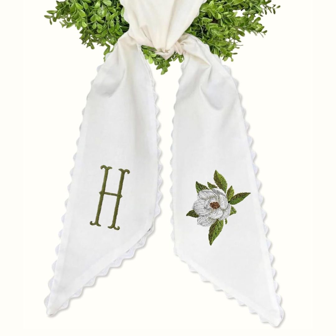 Faux Boxwood Door Wreath With Personalized Monogram Sash