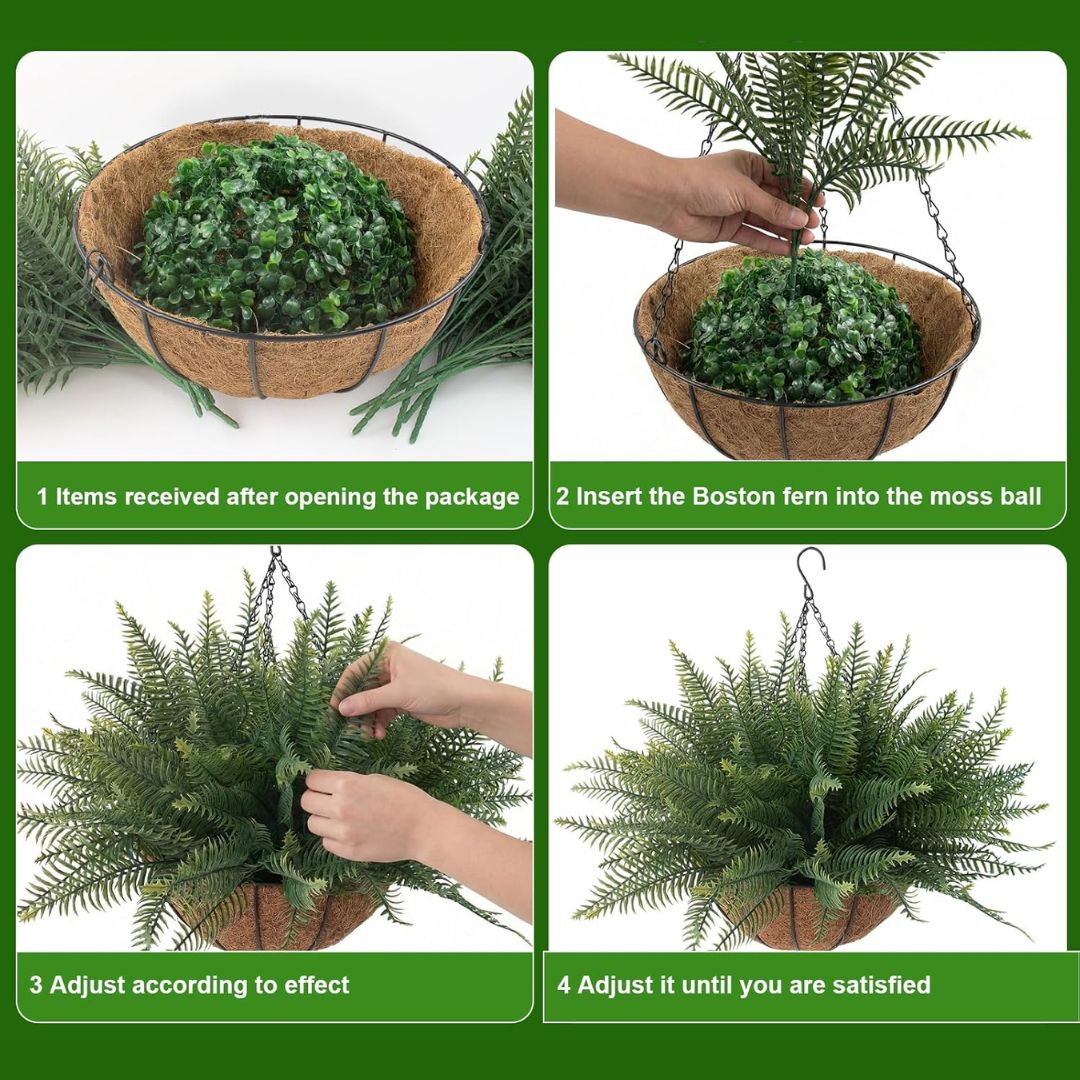 Lifelike Faux Boston Fern: UV-Resistant Hanging Basket