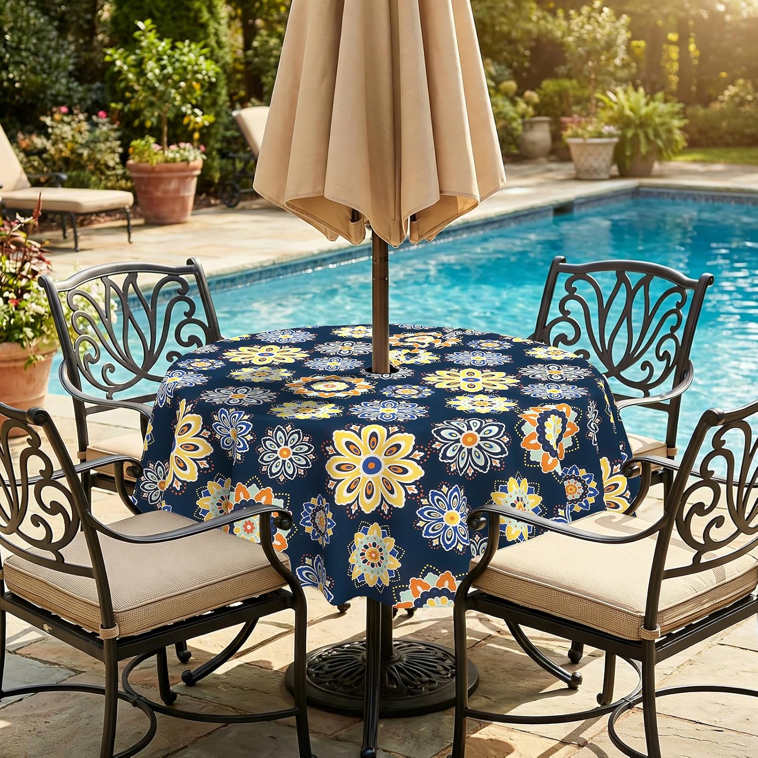 Outdoor Tablecloth with Zipper Opening - Easy Fit Around Your Parasol