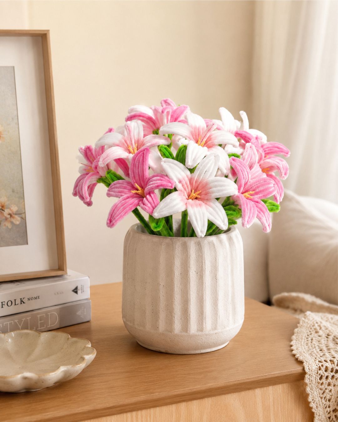 Handmade Pipe Cleaner Bouquet – Pink & White Lily
