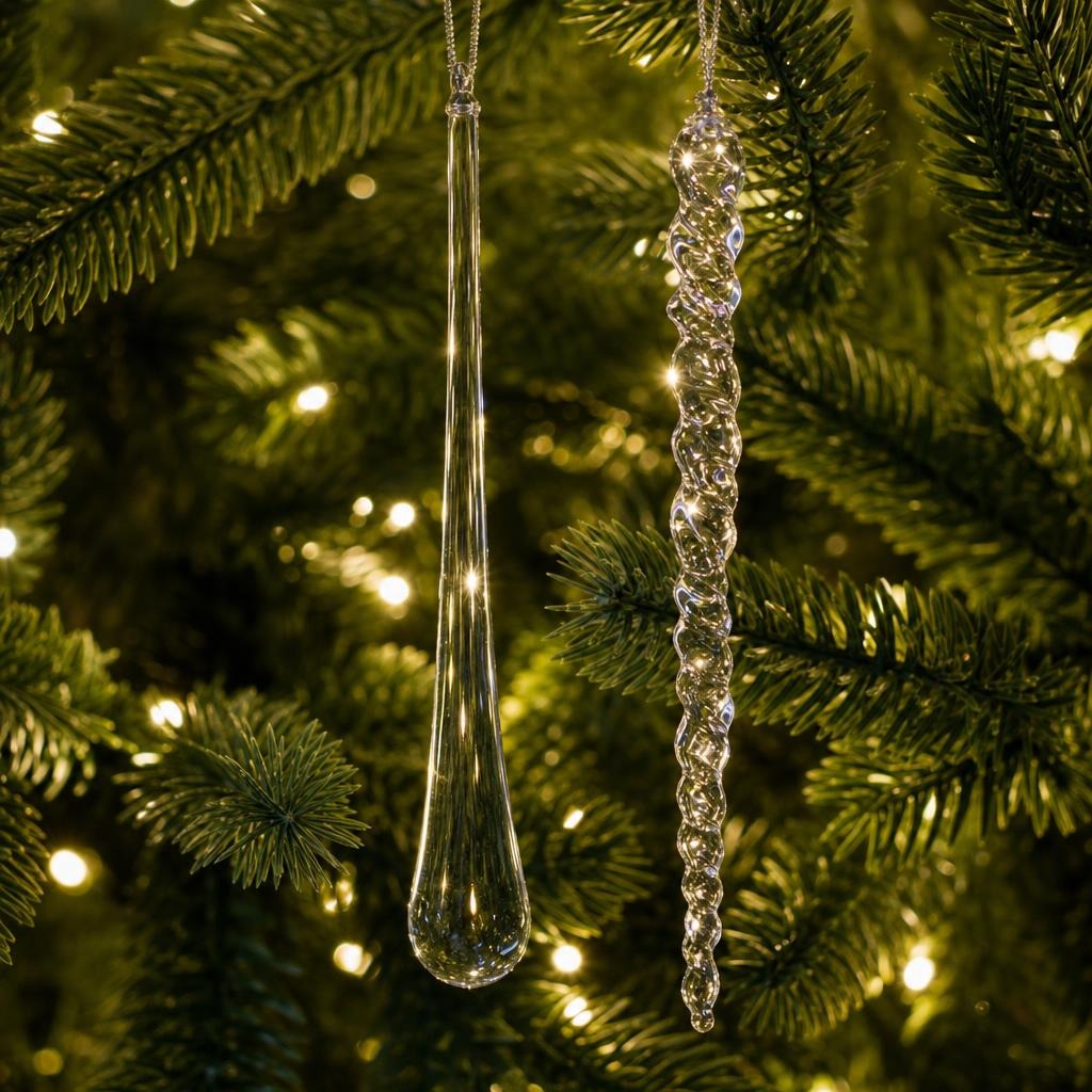Crystal teardrop and twisted icicle glowing between tree lights