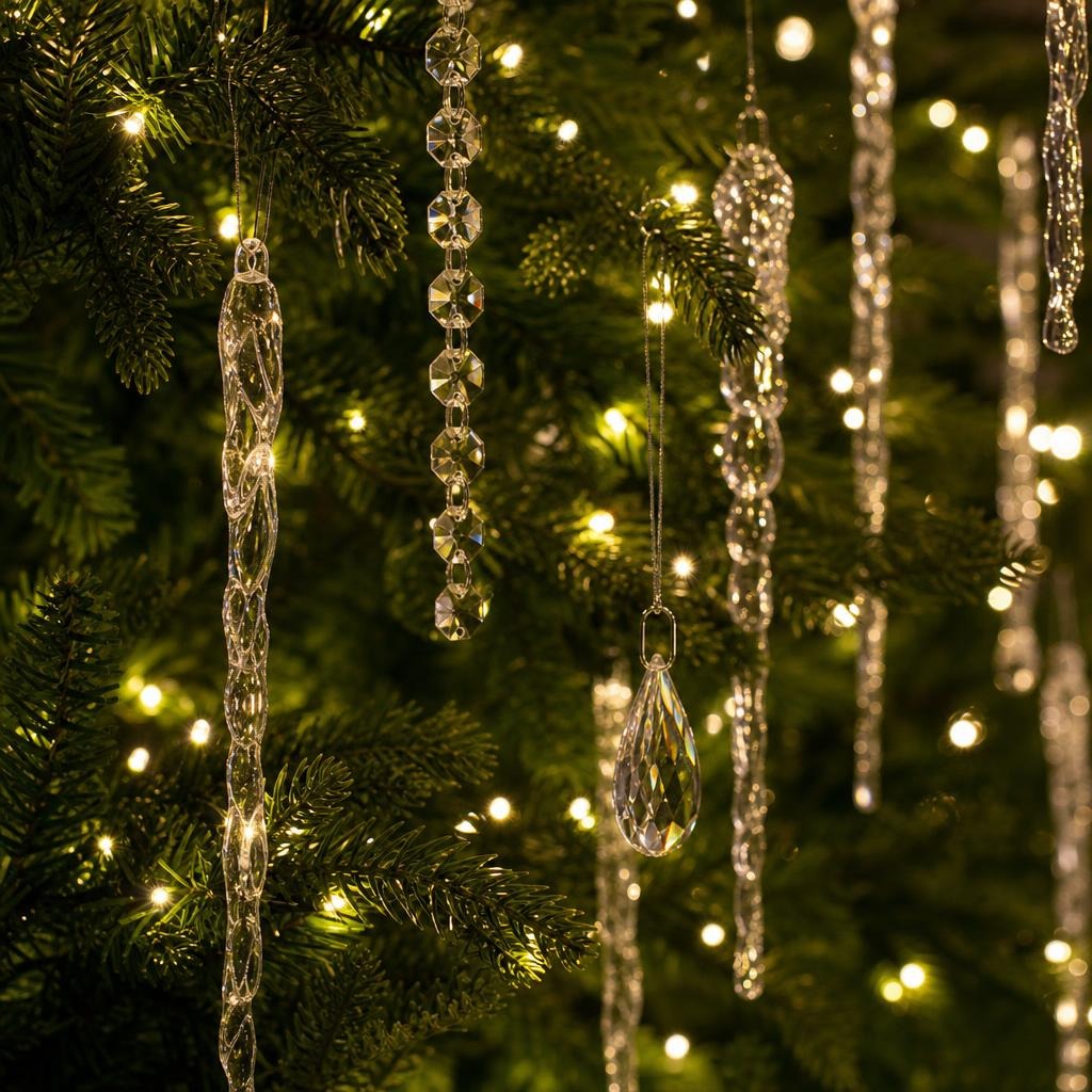 Crystal icicles and bead strands hanging between lit branches