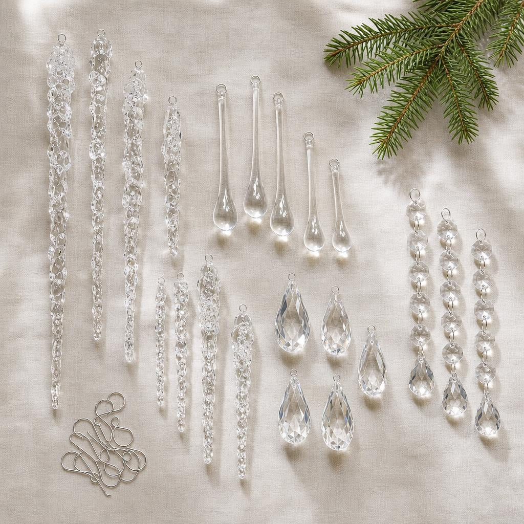 Everything in the crystal icicle set, laid out with hooks