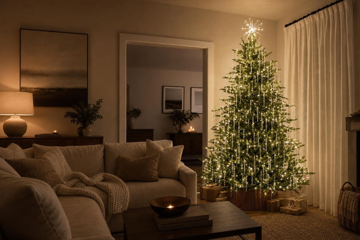 Living room with a crystal icicle Christmas tree in the evening